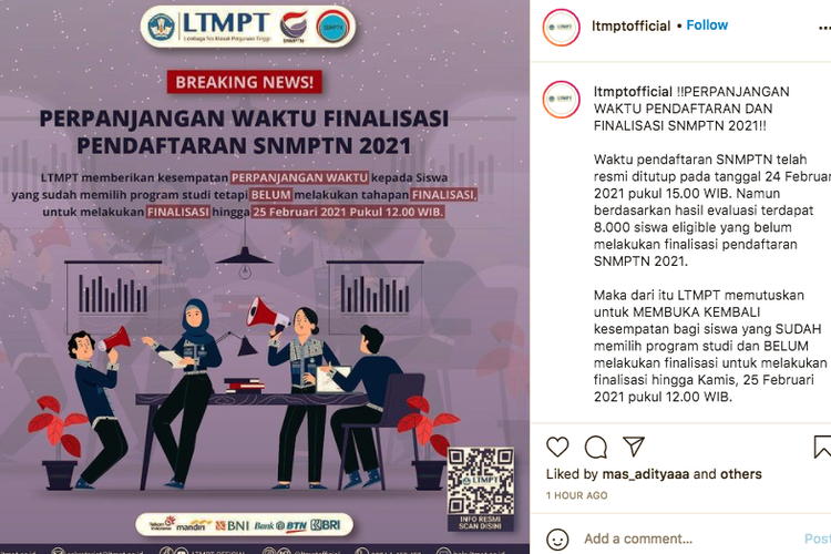 Tangkapan layar Instagram LTMPT terkait perpanjangan pendaftaran SNMPTN 2021 sampai Kamis (25/2/2021) pukul 12.00 WIB.