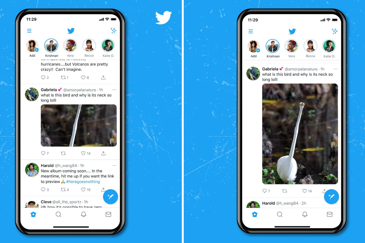 Tampilan lama cuplikan foto di Twitter dengan rasio 16:9 (kiri) dan tampilan baru cuplikan foto di Twitter dengan ukuran penuh (kanan).