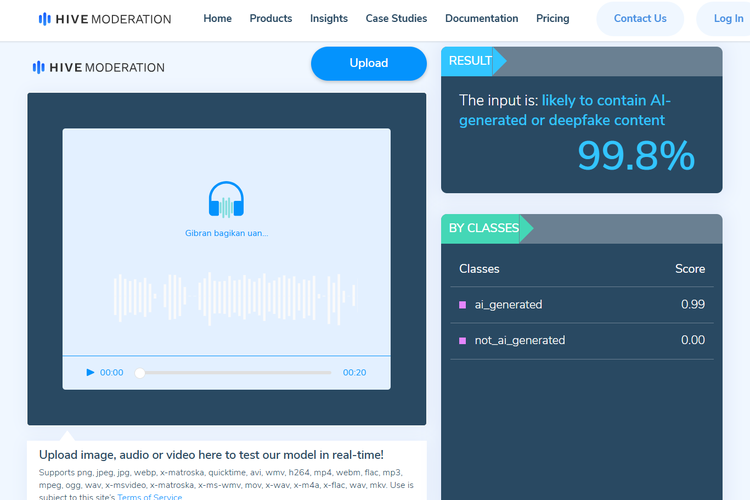 Tangkapan layar Hive Moderation menunjukkan, suara Gibran membagikan uang Rp 40 juta memiliki probabilitas 99,9 persen dihasilkan AI.