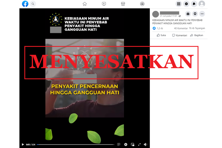 Tangkapan layar unggahan yang memuat informasi menyesatkan di sebuah akun Facebook, Kamis (21/7/2022), mengenai waktu minum yang dapat menyebabkan gangguan fungsi hati.