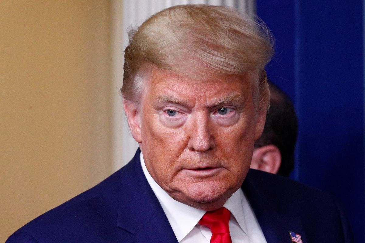Presiden Amerika Serikat Donald Trump hadir dalam konferensi pers harian mengenai kebijakan pemerintah menangani virus corona di Gedung Putih, Washington, pada 3 April 2020.
