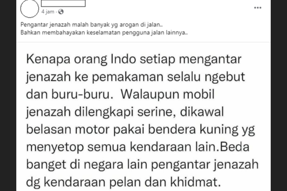Tangkapan layar unggahan bernarasi orang Indonesia selalu ngebut dan terburu-buru setiap mengantar jenazah ke pemakaman.