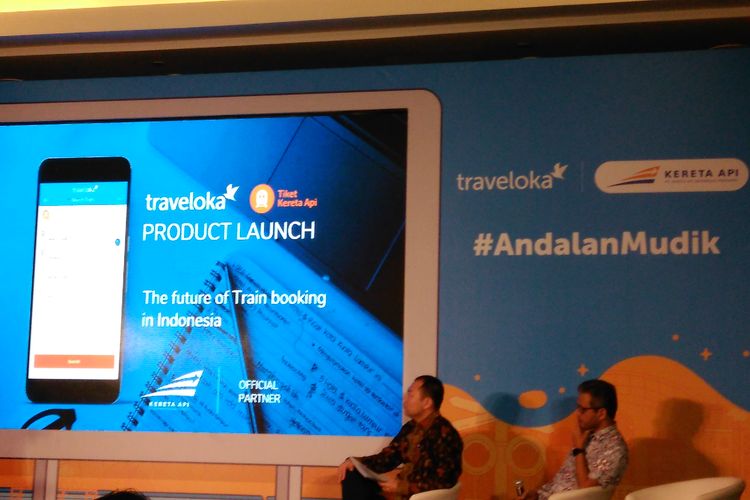 Konfrensi pers kerja sama Traveloka dan PT Kereta Api Indonesia dalam penjualan tiket online melalui aplikasi dan website Traveloka di Hotal Fairmont, Senayan, Jakarta, Rabu (8/3/2017).