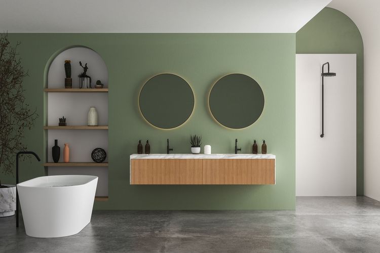 ilustrasi kamar mandi berwarna sage green