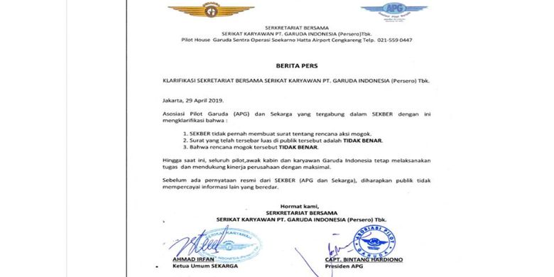 Tangkapan layar bantahan surat mogok kerja karyawan Garuda Indonesia