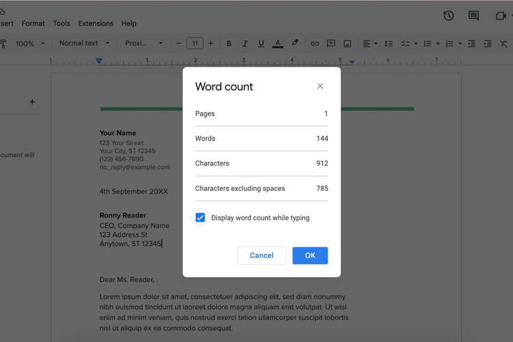 Ilustrasi cara cek jumlah kata di Google Docs