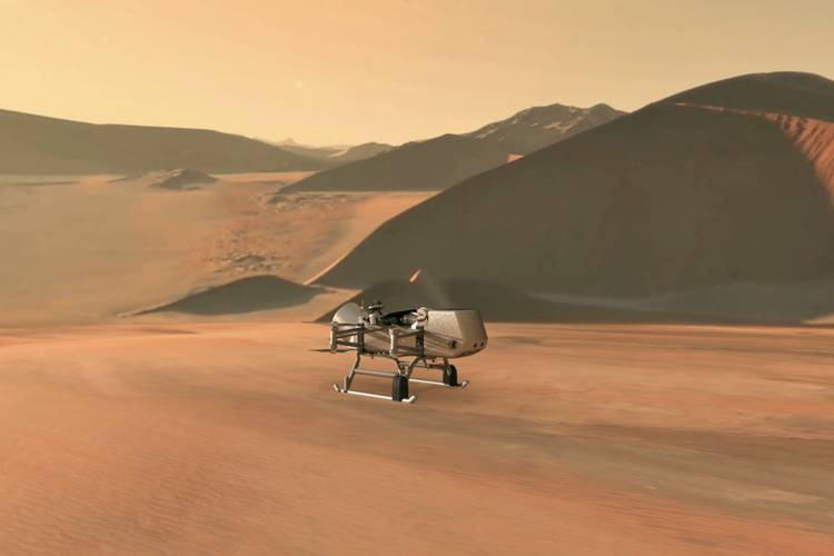 Ilustrasi ini menunjukkan helikopter-pendarat Dragonfly milik NASA mendekati sebuah situs di bulan Saturnus, Titan.