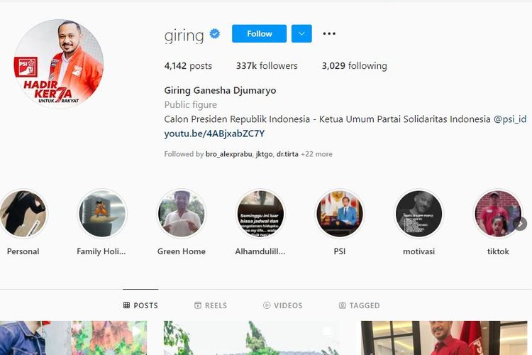 Tampilan akun Instagram Ketua Umum PSI Giring Ganesha