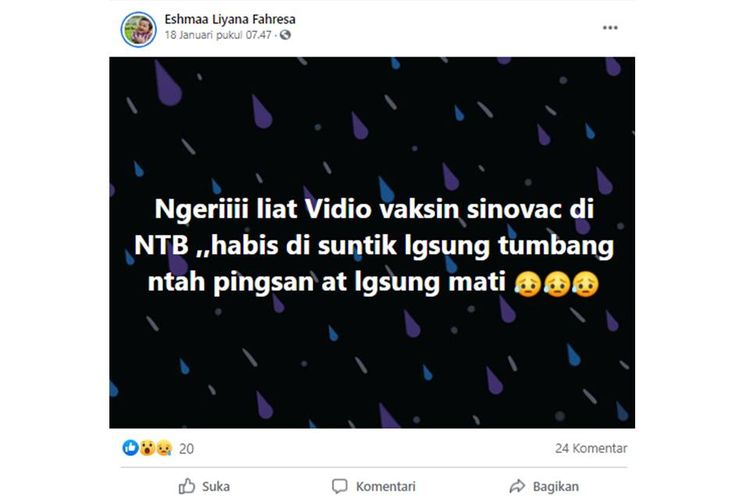 Tangkapan layar unggahan hoaks yang menyebut seseorang di NTB pingsan setelah disuntik vaksin Sinovac.