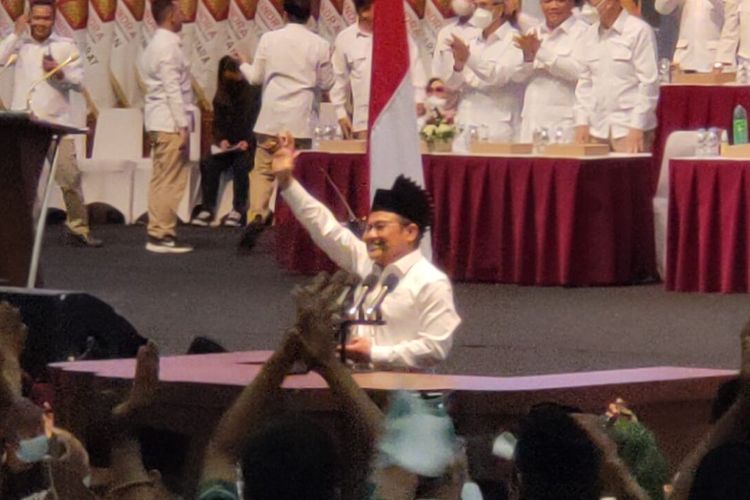 Ketua Umum Partai Kebangkitan Bangsa (PKB) Muhaimin Iskandar pasca menandatangani piagam deklarasi koalisi dengan Partai Gerindra di Sentul International Invention Center (SICC), Bogor, Jawa Barat, Sabtu (13/8/2022). 