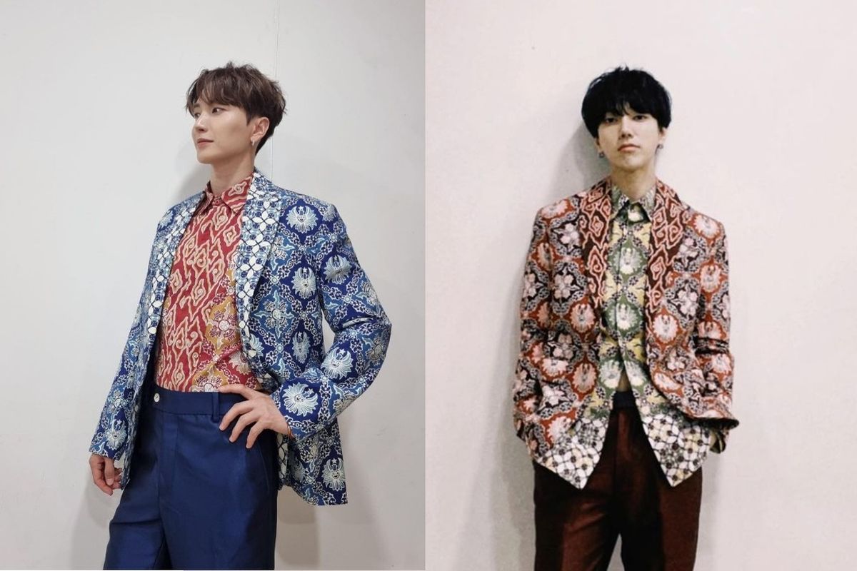 Member Super Junior Leeteuk dan Yesung mengenakan batik dari Batik Komar hasil desain Gubernur Jawa Barat Ridwan Kamil.