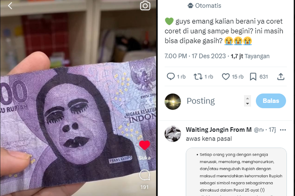 Tangkap layar foto unggahan uang yang dicoret-coret. Pelaku pencoretan bisa dikenai sanksi.
