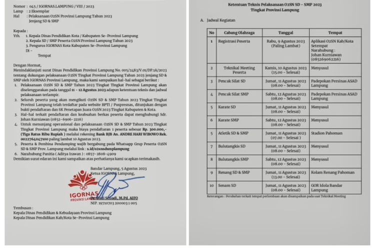 Bidik layar surat edaran biaya pendaftaran O2SN SD/SMP tingkat provinsi di Lampung, Senin (7/8/2023).