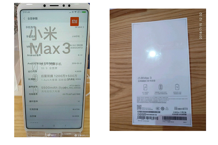 Bocoran foto bagian belakang kotak kemasan Mi Max 3 (kanan) dan menu About Phone Mi Max 3 (kiri)