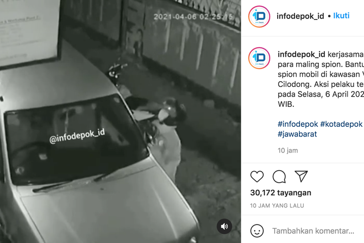 Aksi pencurian kaca spion mobil kembali marak. Kali ini terjadi di kawasan Vila Pertiwi Cilodong, Depok. Aksi pencurian tersebut terekam CCTV pada Selasa, (6/4/2021) pukul 02.42 WIB.