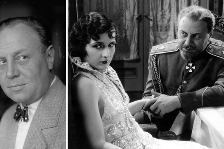 Aktor Emil Jannings sekitar tahun 1930 (kiri) dan (kanan) Film bisu tahun 1928 The Last Command dibintangi oleh Evelyn Brent dan Jannings, yang berperan sebagai seorang jenderal Rusia yang menjadi Hollywoodextra.