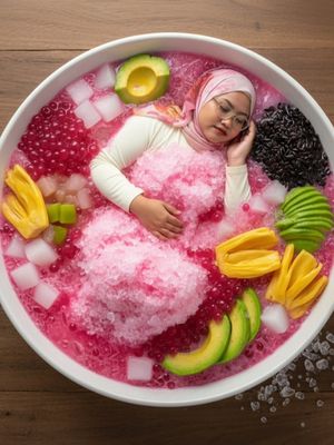 Contoh hasil prompt Gemini AI untuk foto diri tidur berselimutkan es doger di dalam mangkuk.