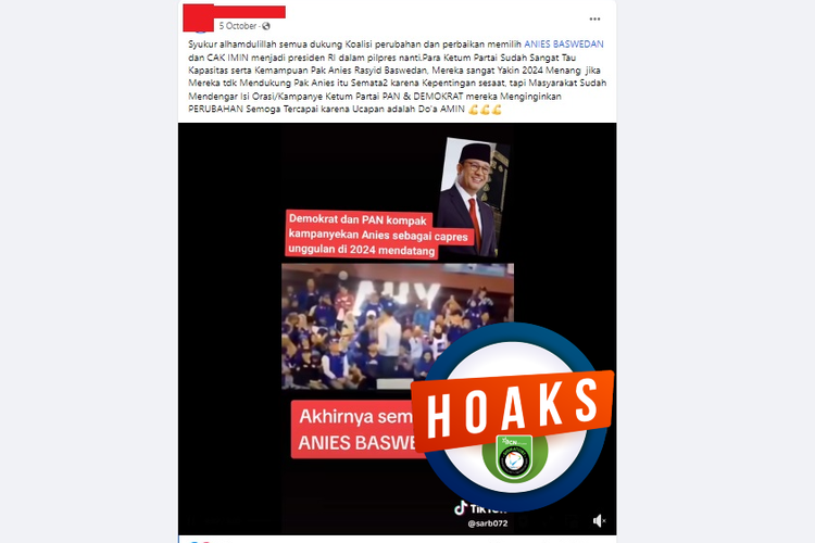 Tangkapan layar Facebook narasi yang menyebut Demokrat dan PAN mengkampanyekan Anies Baswedan