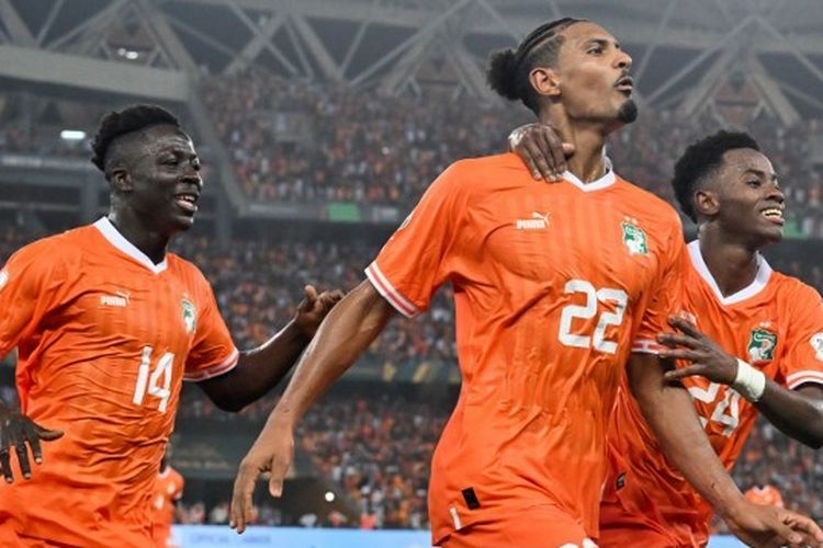 Penyerang Pantai Gading, Sebastian Haller, berselebrasi seusai mencetak gol dalam final Piala Afrika 2024 antara Nigeria vs Pantai Gading di Stadion Alassane Ouattara pada 11 Februari 2024.