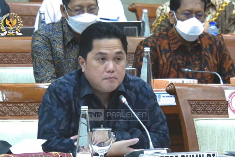 Menteri BUMN Erick Thohir saat rapat kerja dengan Komisi VI DPR, Jakarta, Senin (4/7/2022)