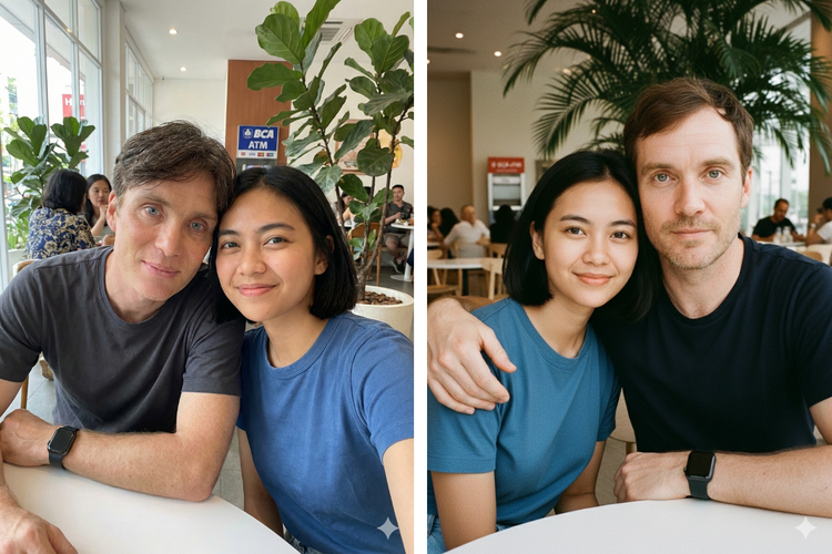 Perbandingan foto dengan konteks orang dari Nano Banana Pro (kanan) dan Nano Banana (kiri).