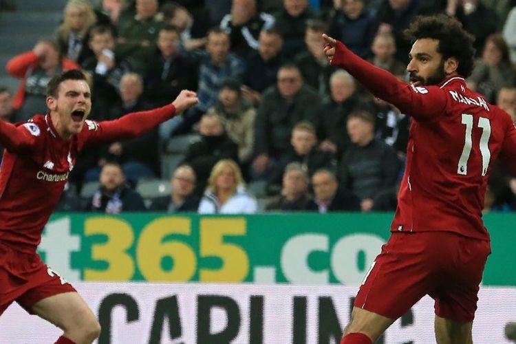 Mohamed Salah merayakan golnya pada pertandingan Newcastle United vs Liverpool dalam lanjutan Liga Inggris di Stadion St. James Park, 4 Mei 2019. 