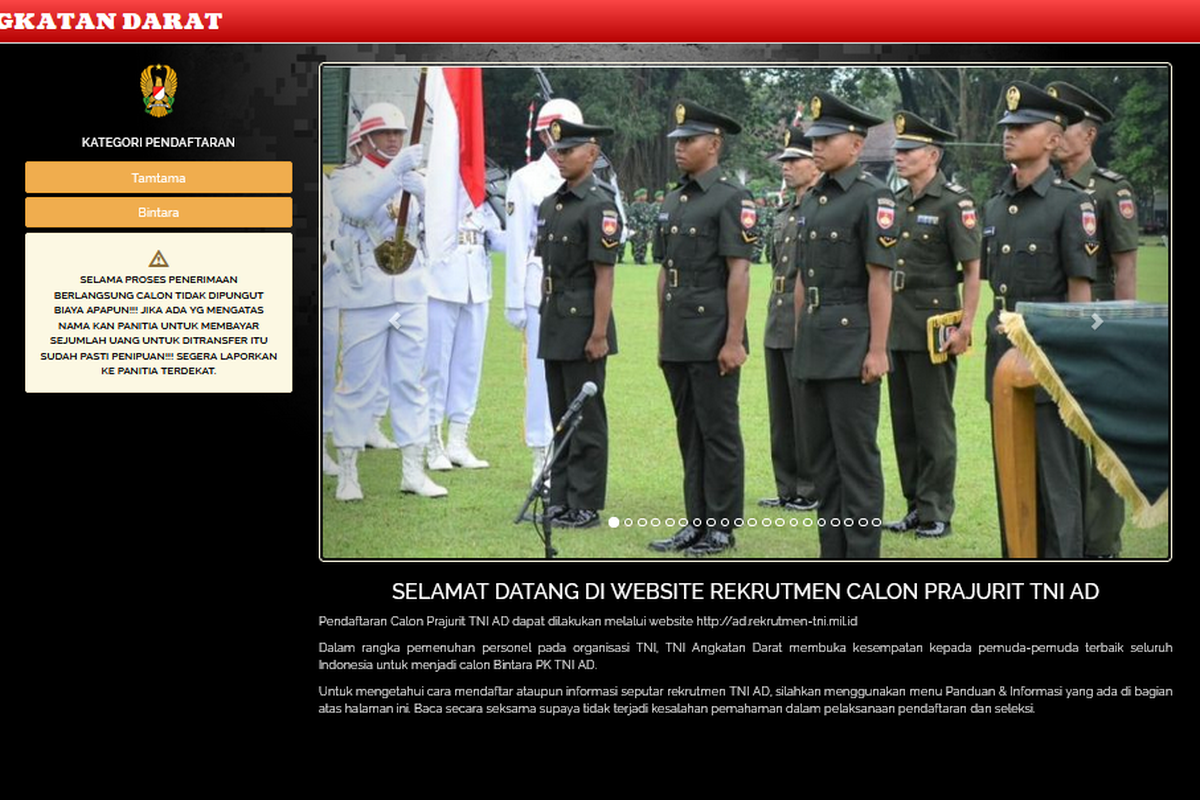 Tangkapan layar laman resmi Rekrutmen TNI AD 2025. Rekrutmen TNI Aangkatan Darat. Rekrutmen Bintara TNI AD 2025. Rekrutmen Tamtama TNI AD 2025.