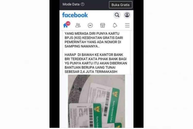 Status Facebook yang mengunggah tangkapan layar berisi informasi hoaks bahwa pemilik BPJS Kesehatan mendapat bantuan Rp 2,4 juta.