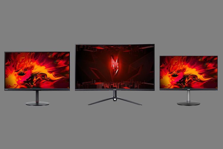 Trio monitor gaming Acer Nitro XF253Q Z (kanan), Acer Nitro XV282K V3 (kiri), dan Acer Nitro XZ320QK P3 