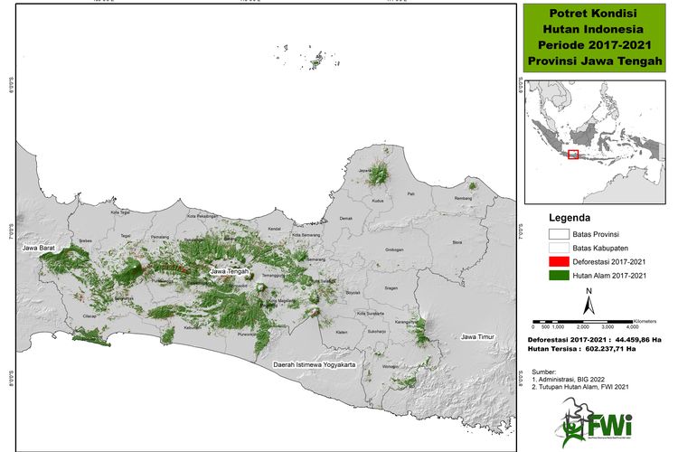 Peta tutupan hutan di Jawa Tengah pada tahun 2022. 