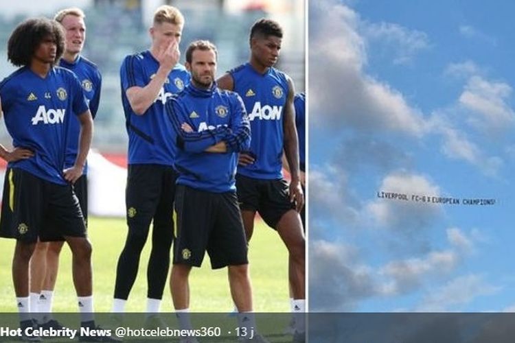 Banner fans bertuliskan Liverpool - Juara Liga Champions 6x melintas di atas Stadion tempat Man United latihan.