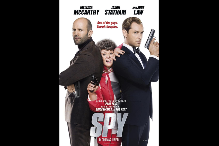 Melissa McCarthy, Jason Statham, dan Jude Law dalam film komedi Spy (2015).