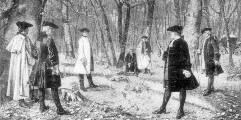 Duel antara Aaron Burr dan Alexander Hamilton. (karya John Lord pada 1902 via Britannica)