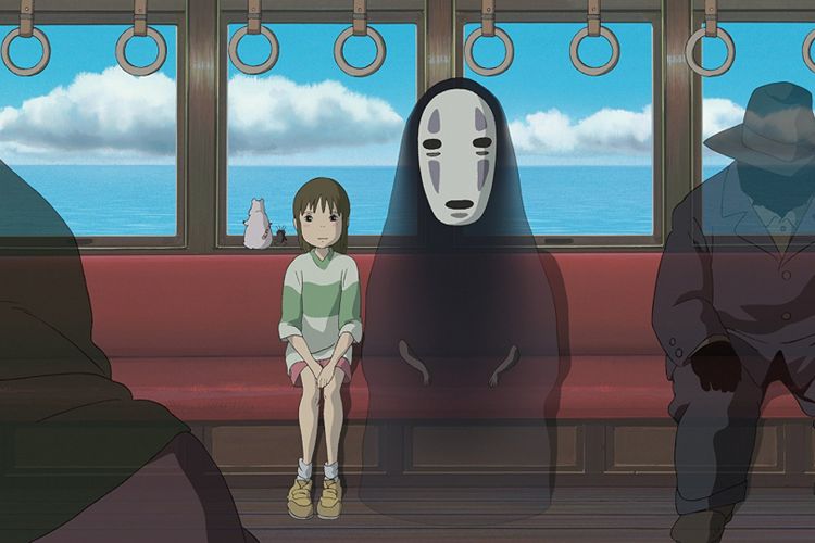 Dua tokoh dalam adegan film garapan Studio Ghibli, Spirited Away. Film produksi tahun 2001 ini meraih Best Animated Feature pada gelaran Academy Award  ke-75 tahun 2003.