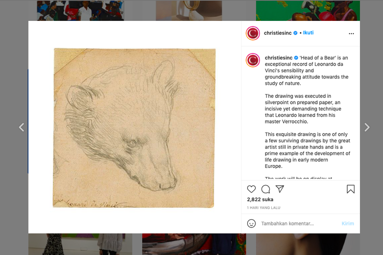 Tangkapan layar lukisan Kepala Beruang Leonardo da Vinci di instagram Rumah Lelang Christie?s