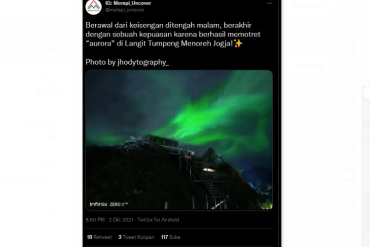 Tangkapan layar foto yang menyebut adanya aurora di Langit Tumpeng Menoreh Yogyakarta.