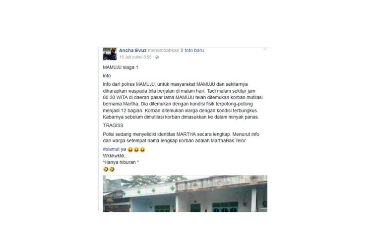 Ini status Facebook yang membuat pria berinisial H harus berurusan dengan polisi di Mamuju, Sulawesi Barat.