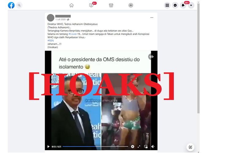 Tangkapan layar video hoaks yang beredar di Facebook, diklaim sebagai Direktur Jenderal WHO Tedros Adhanom Ghebreyesus.