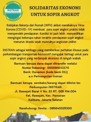 Instran Gelar Solidaritas ekonomi untuk Sopir angkot mulai 1-30 April 2020.