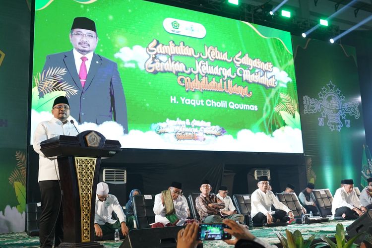 Menteri Agama Yaqut Cholil Qoumas saat Launching dan Sosialisasi Gerakan Keluarga Maslahat Nahdlatul Ulama (GKMNU) Jawa Barat, di Kabupaten Bandung. 