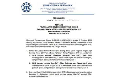 SKB CPNS Kementan Gunakan Metode CAT dan Non-CAT, Berikut Link-nya