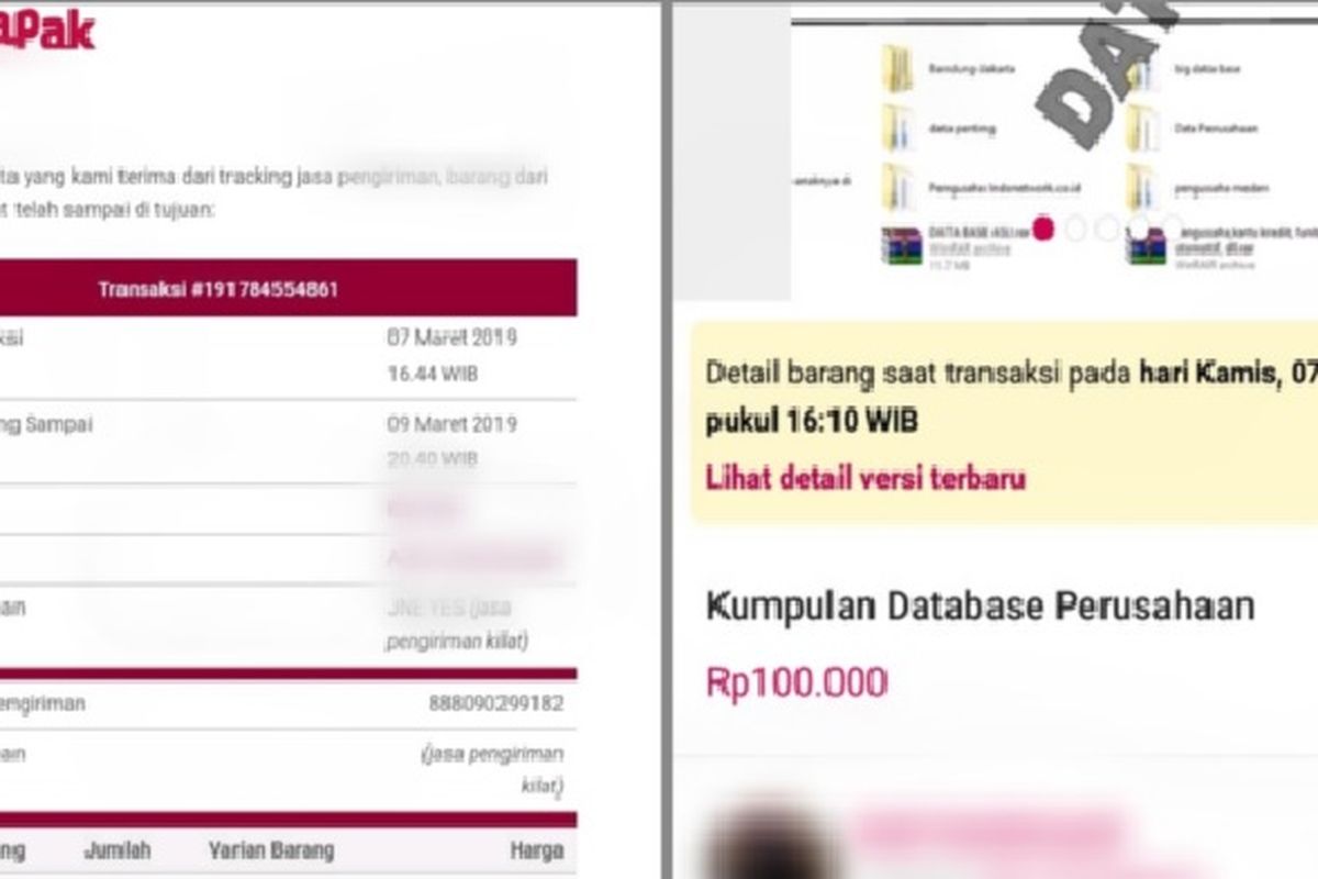 Data pribadi dijual di salah satu lapak di Bukalapak. Dari lapak itu diperoleh lebih dari 10.000 data pribadi seharga Rp 100.000.