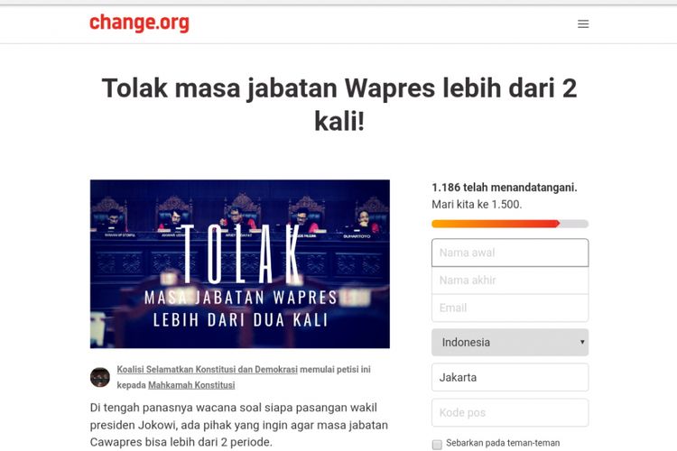 Ribuan warganet menandatangani petisi berjudul Tolak masa jabatan Wapres lebih dari 2 kali! di laman change.org. Hingga pukul 10.07 WIB, Senin (30/7/2018), petisi itu ditandatangani sebanyak 1.186 netizen.