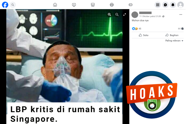 Tangkapan layar unggahan dengan narasi hoaks di sebuah akun Facebook, Rabu (11/10/2023), yang menyebut Luhut kritis di rumah sakit Singapura.