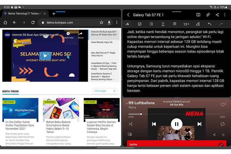 Tampilan layar Galaxy Tab S7 FE 5G saat membuka tiga jendela aplikasi sekaligus dalam ukuran berbeda-beda