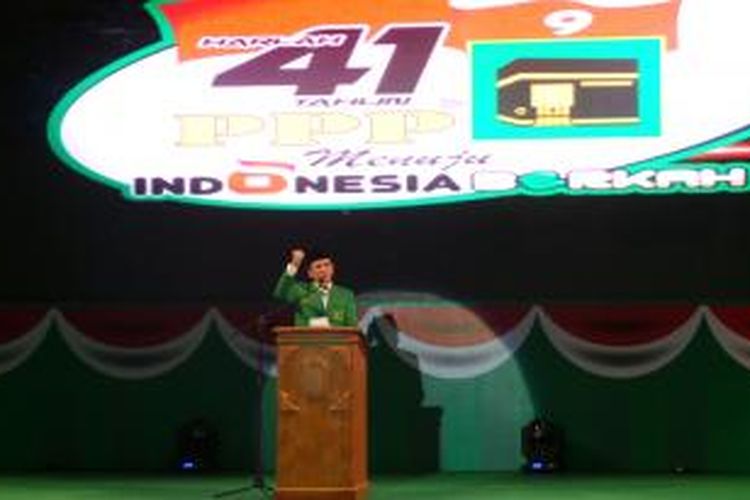 Ketua Umum Partai Persatuan Pembangunan (PPP) Suryadharma Ali menyatakan kesiapannya maju sebagai bakal capres PPP dalam acara HUT PPP ke-41 di Bandung, Minggu (9/2/2014). 
