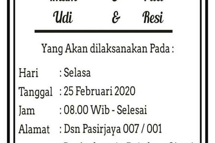 Surat undangan empat pasangan pengantin yang menikah bareng di Kecamatan Rajadesa Kabupaten Ciamis, Selasa (25/2/2020).