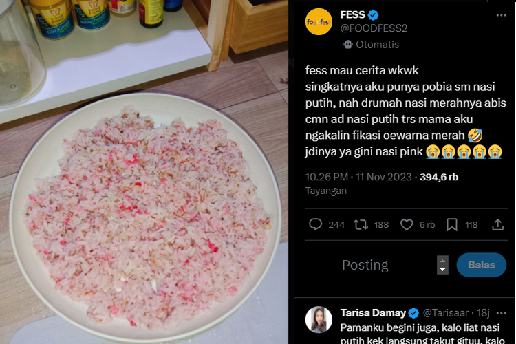 Tangkap layar unggahan foto nasi berwarna merah muda yang dimakan Kharel karena fobia nasi putih.