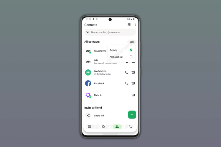 Tangkapan layar tampilan tab baru WhatsApp, yaitu Kontak, yang khusus menampilkan informasi daftar kontak pengguna. 