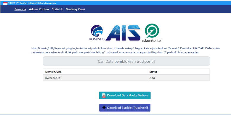 Tangkapan layar situs Livescore masuk mesin AIS Kominfo